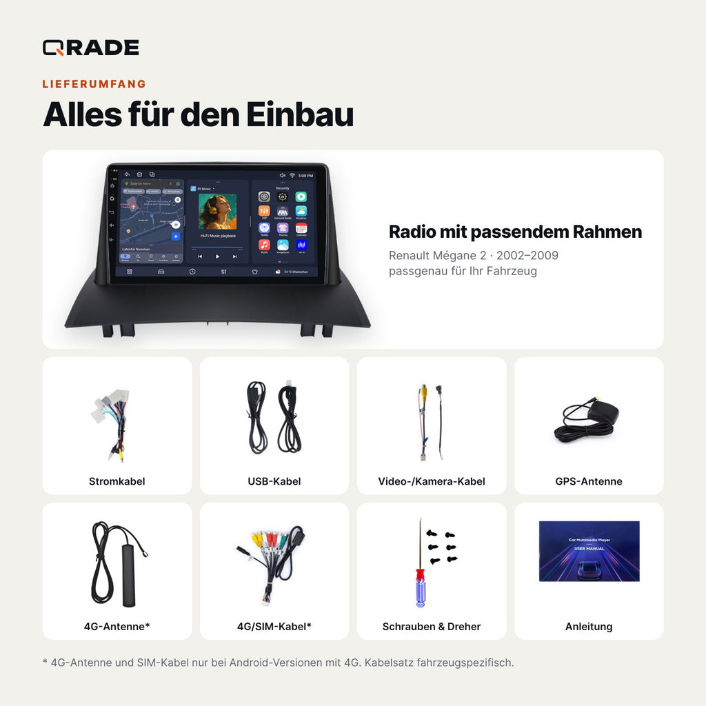 Lieferumfang: Renault Mégane 2 (2002–2009) – Qrade Autoradio mit Rahmen und Kabelsatz