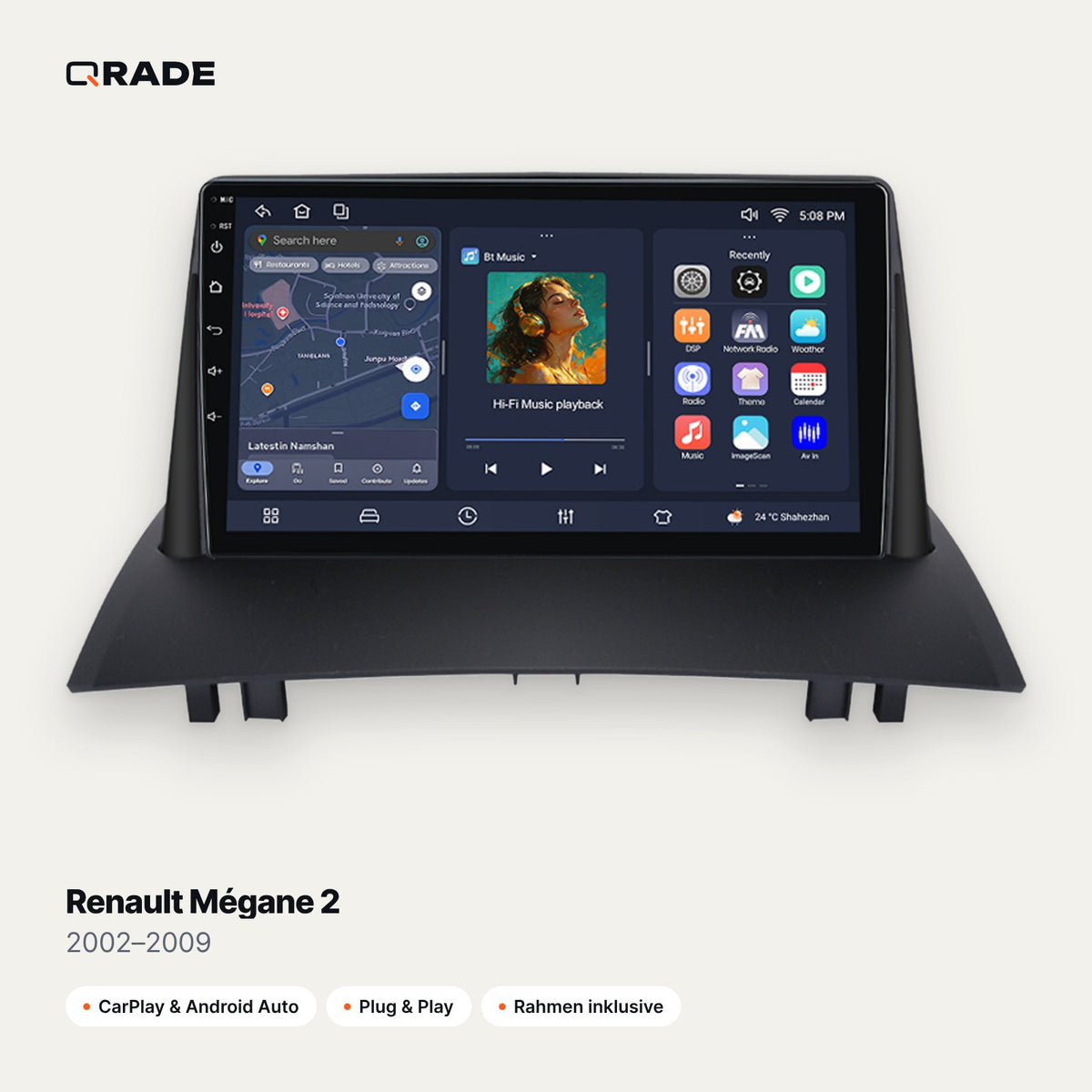 Qrade Autoradio für Renault Mégane 2 (2002–2009) mit Wireless CarPlay & Android Auto
