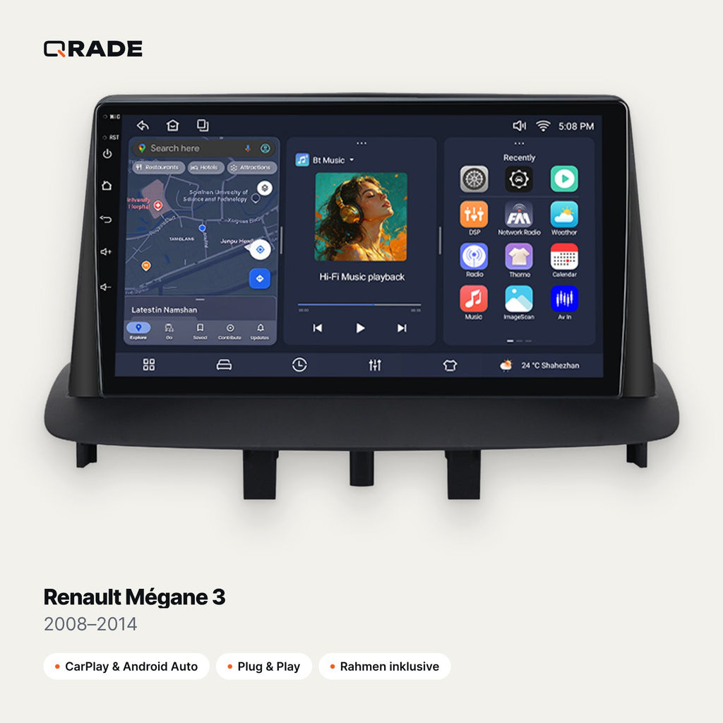 Qrade Autoradio für Renault Mégane 3 (2008–2014) mit Wireless CarPlay & Android Auto