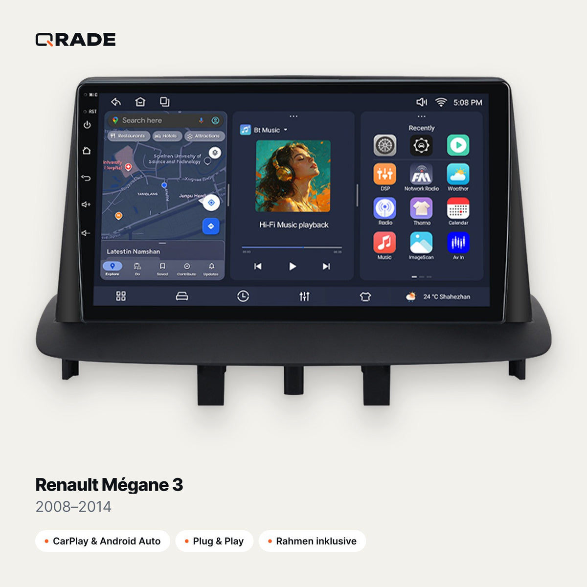 Qrade Autoradio für Renault Mégane 3 (2008–2014) mit Wireless CarPlay & Android Auto