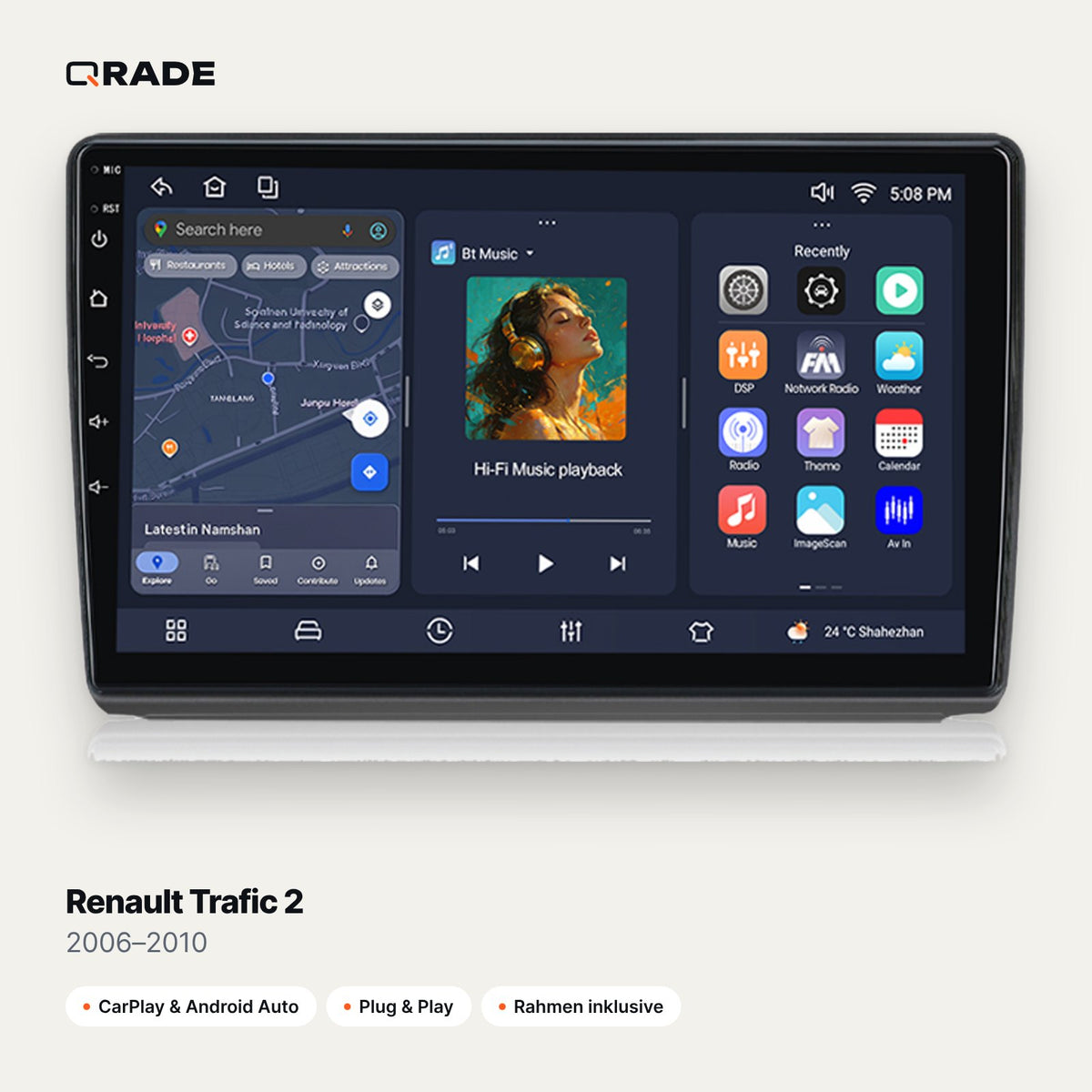 Qrade Autoradio für Renault Trafic 2 (2006–2010) mit Wireless CarPlay & Android Auto