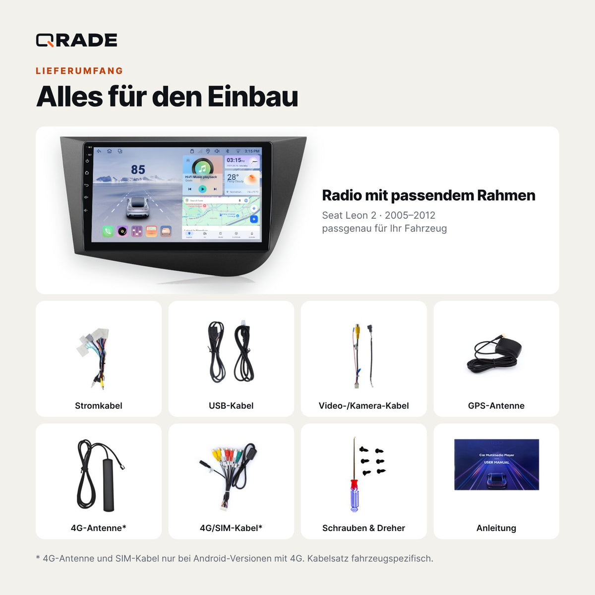 Seat Leon 2 (2005–2012) – Autoradio mit Wireless CarPlay & Android Auto (Rahmen LEON051)
