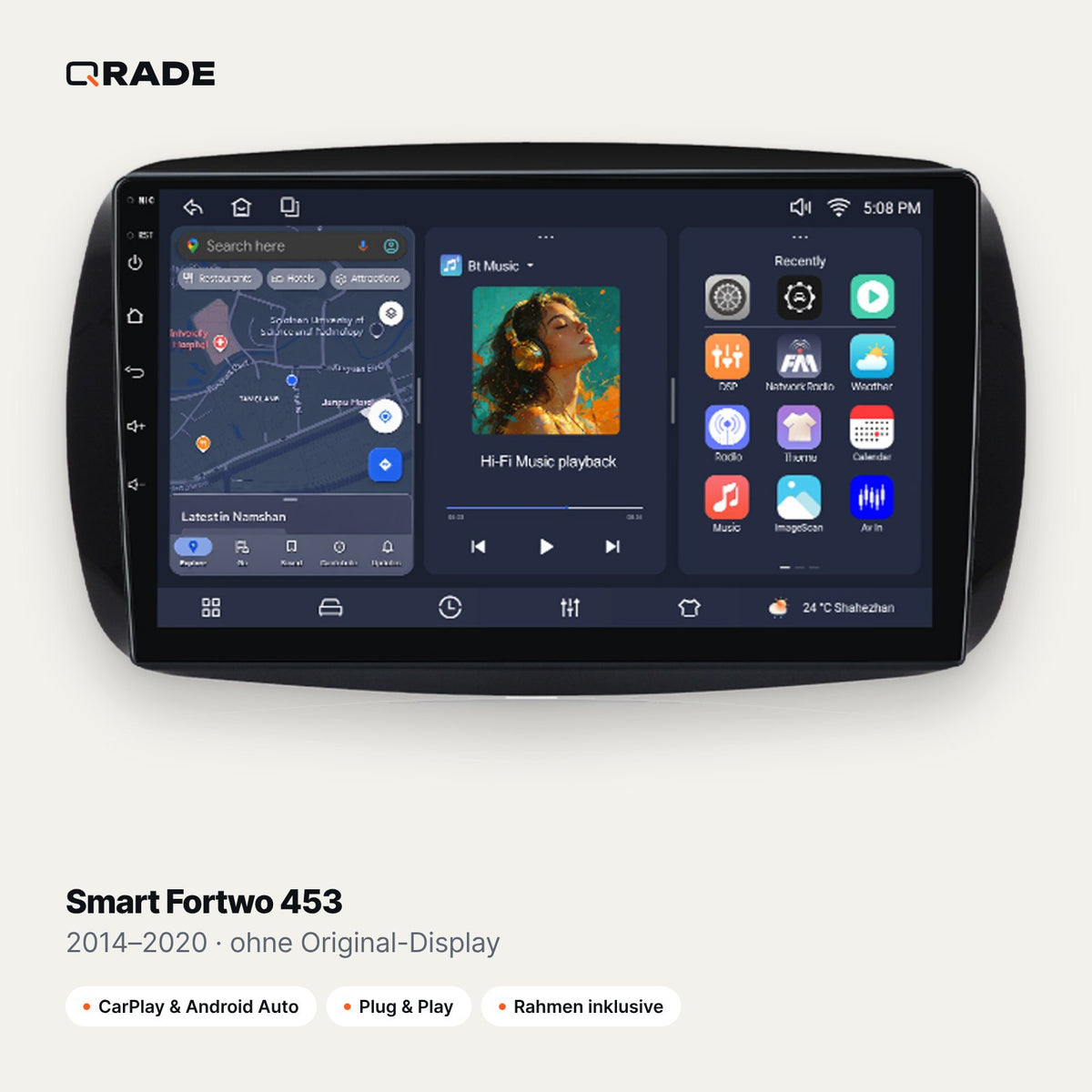 Qrade Autoradio für Smart Fortwo 453 (2014–2020), ohne Original-Display mit Wireless CarPlay & Android Auto