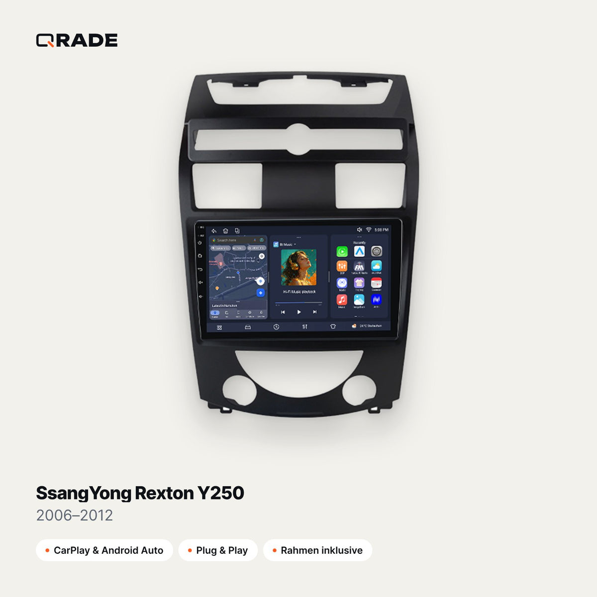 Qrade Autoradio für SsangYong Rexton Y250 (2006–2012) mit Wireless CarPlay & Android Auto