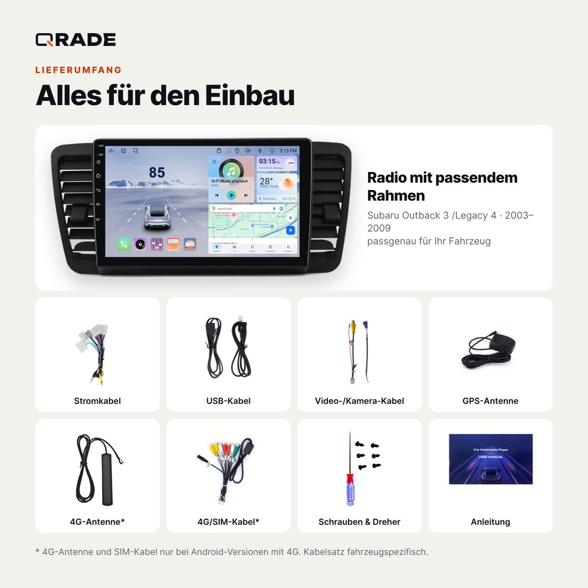 Subaru Outback 3 / Legacy 4 (2003–2009) – Autoradio mit Wireless CarPlay & Android Auto