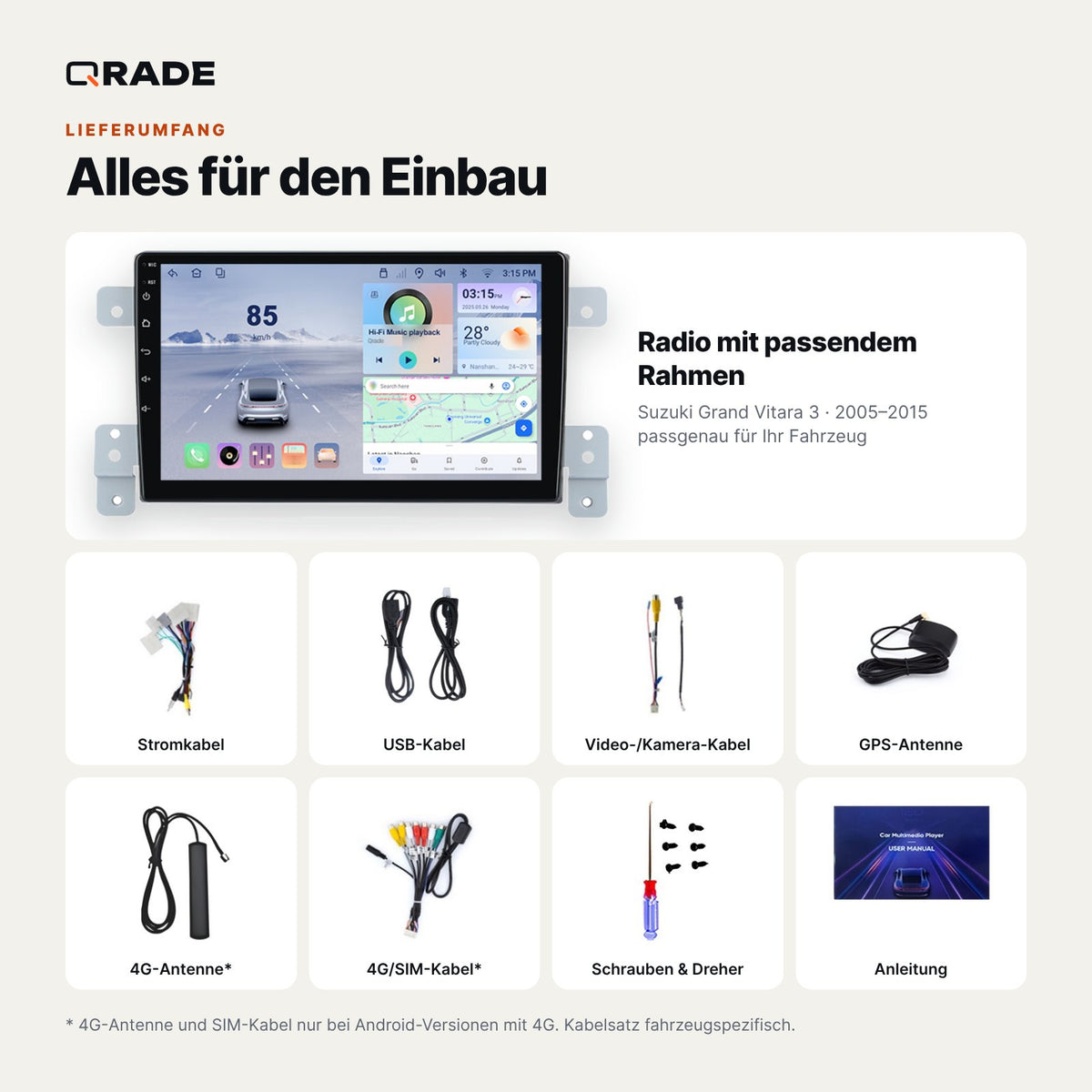 Suzuki Grand Vitara (2005–2015) – Autoradio mit Wireless CarPlay & Android Auto