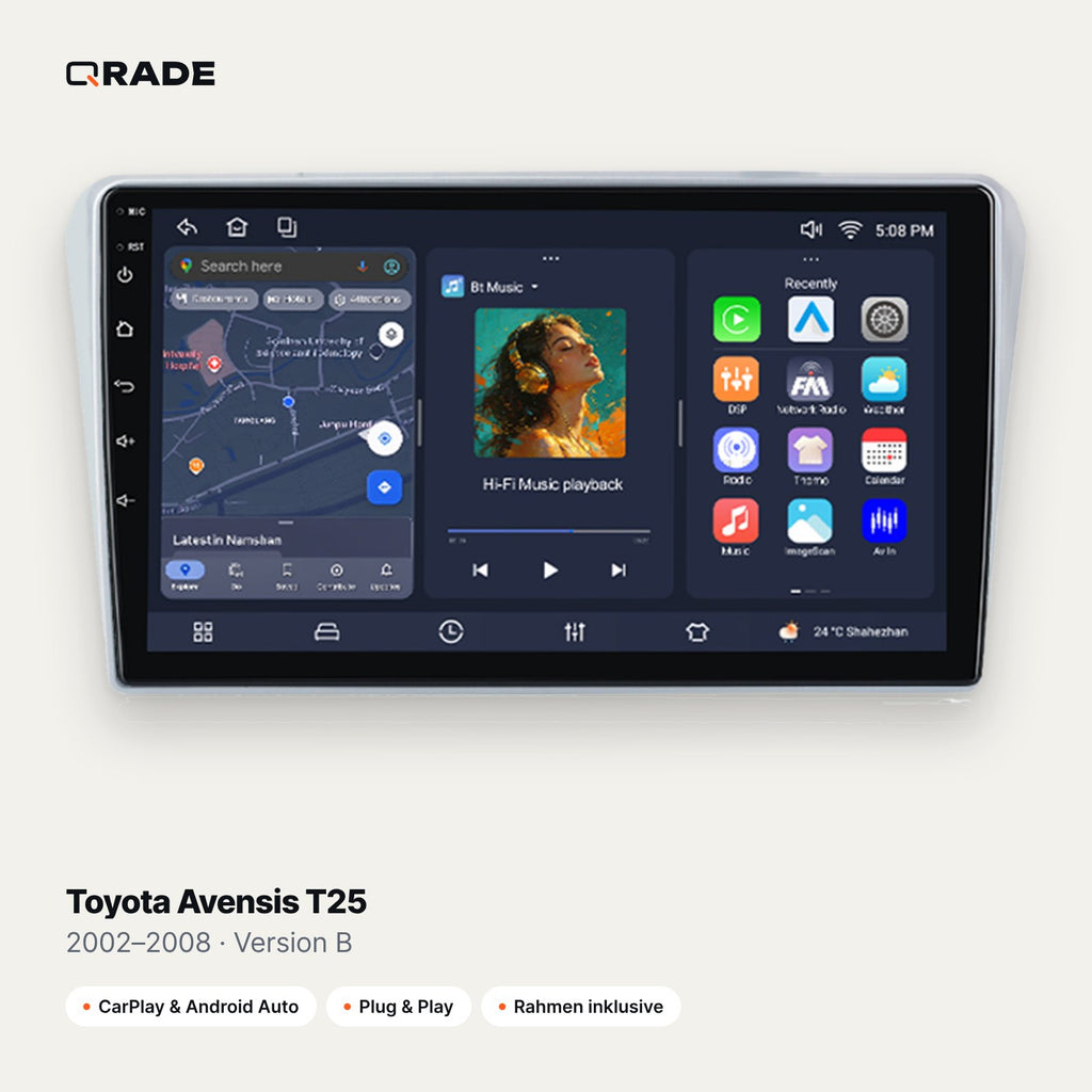 Qrade Autoradio für Toyota Avensis T25 (2002–2008), Version B mit Wireless CarPlay & Android Auto