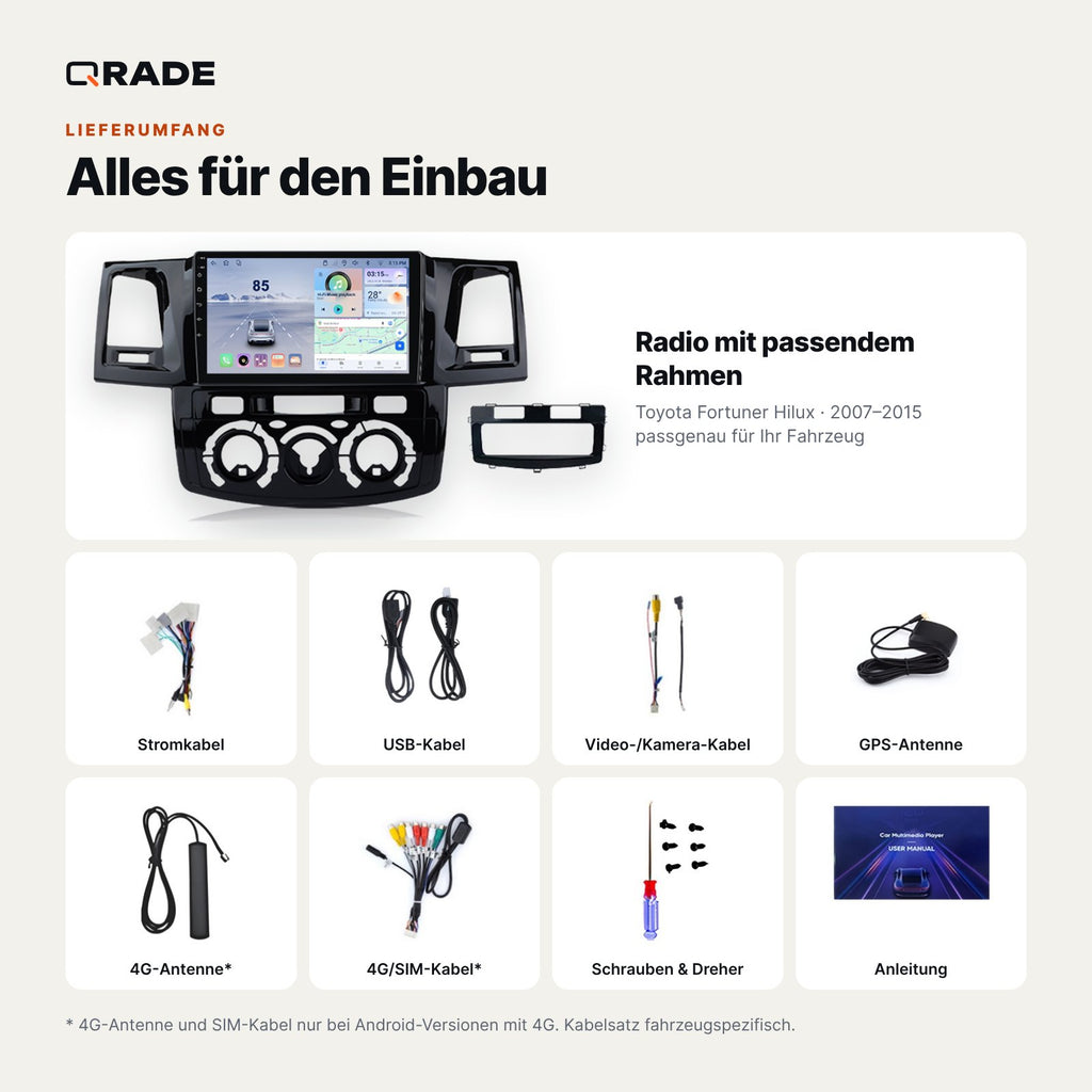 Toyota Hilux / Fortuner (2007–2015) – Autoradio mit Wireless CarPlay & Android Auto