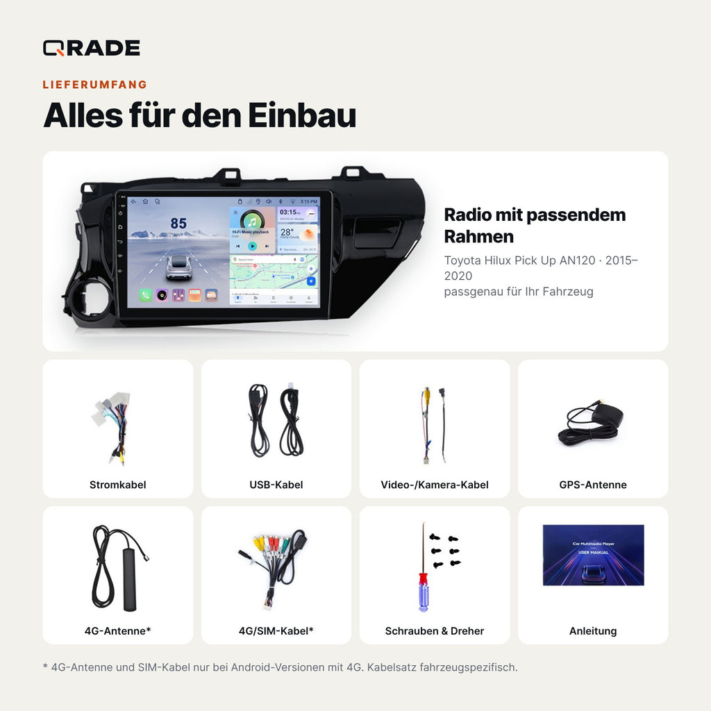 Toyota Hilux AN120 (2015–2020) – Autoradio mit Wireless CarPlay & Android Auto