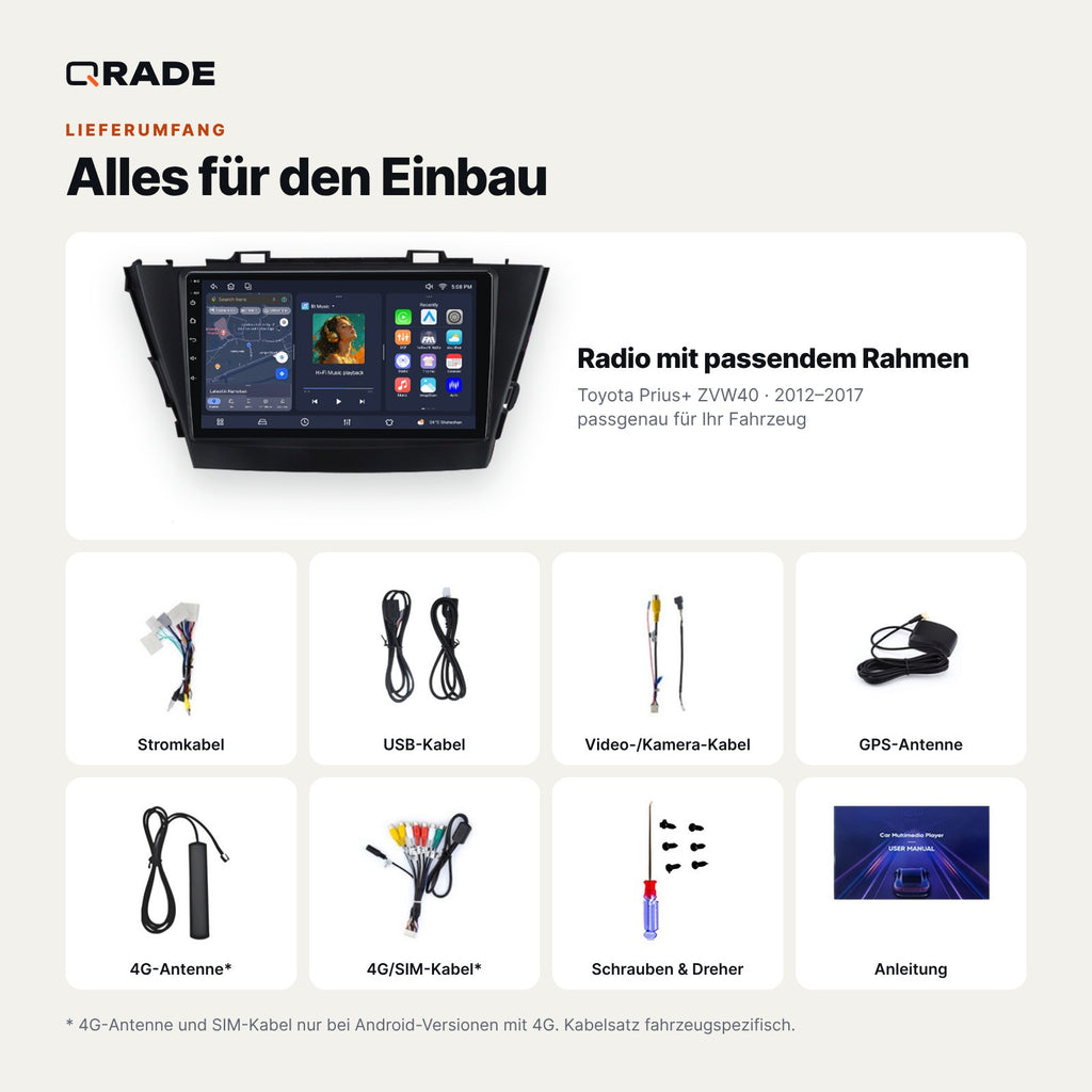 Lieferumfang: Toyota Prius+ ZVW40 (2012–2017) – Qrade Autoradio mit Rahmen und Kabelsatz