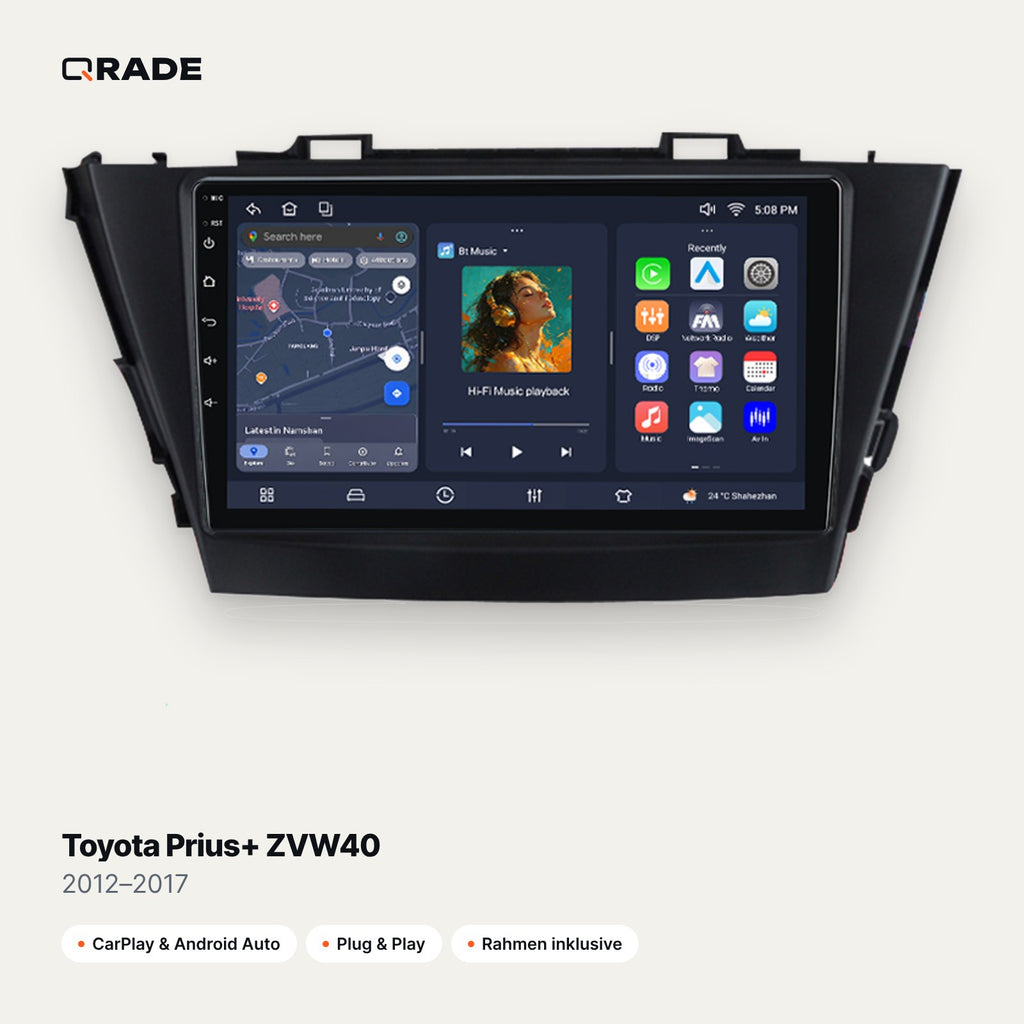 Qrade Autoradio für Toyota Prius+ ZVW40 (2012–2017) mit Wireless CarPlay & Android Auto