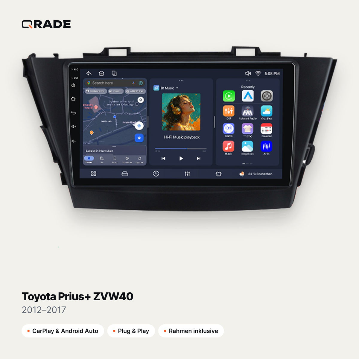 Qrade Autoradio für Toyota Prius+ ZVW40 (2012–2017) mit Wireless CarPlay & Android Auto