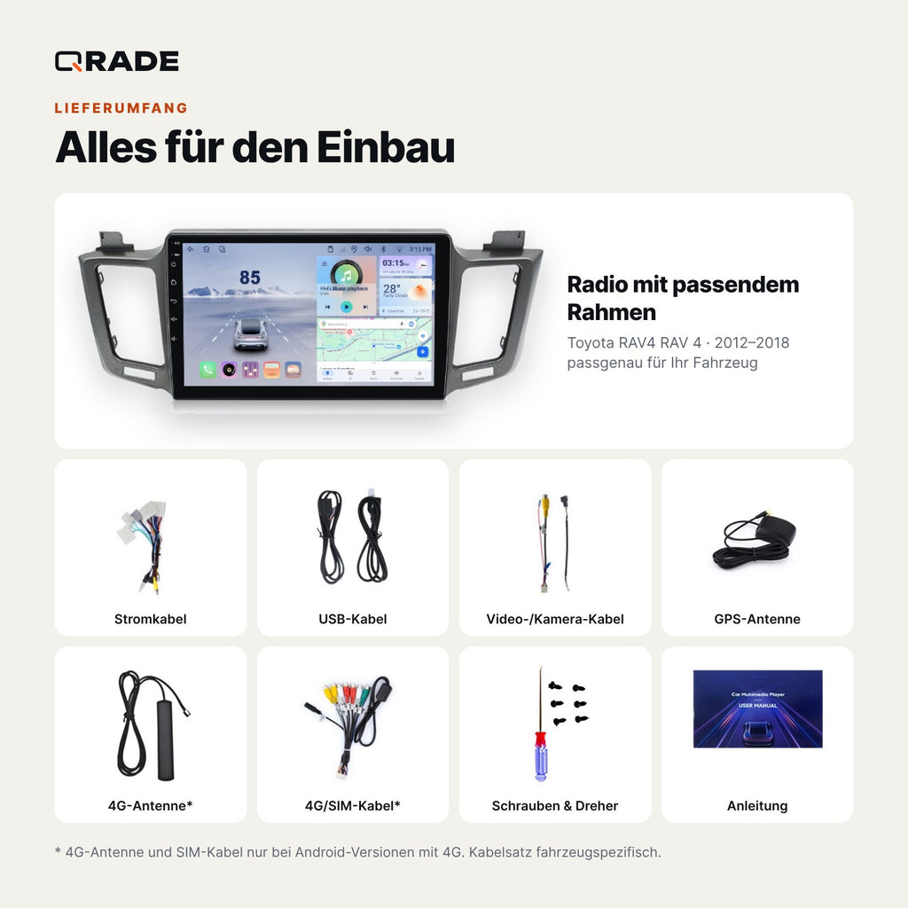 Toyota RAV4 (2012–2018) – Autoradio mit Wireless CarPlay & Android Auto (Rahmen RAV4-138 A)