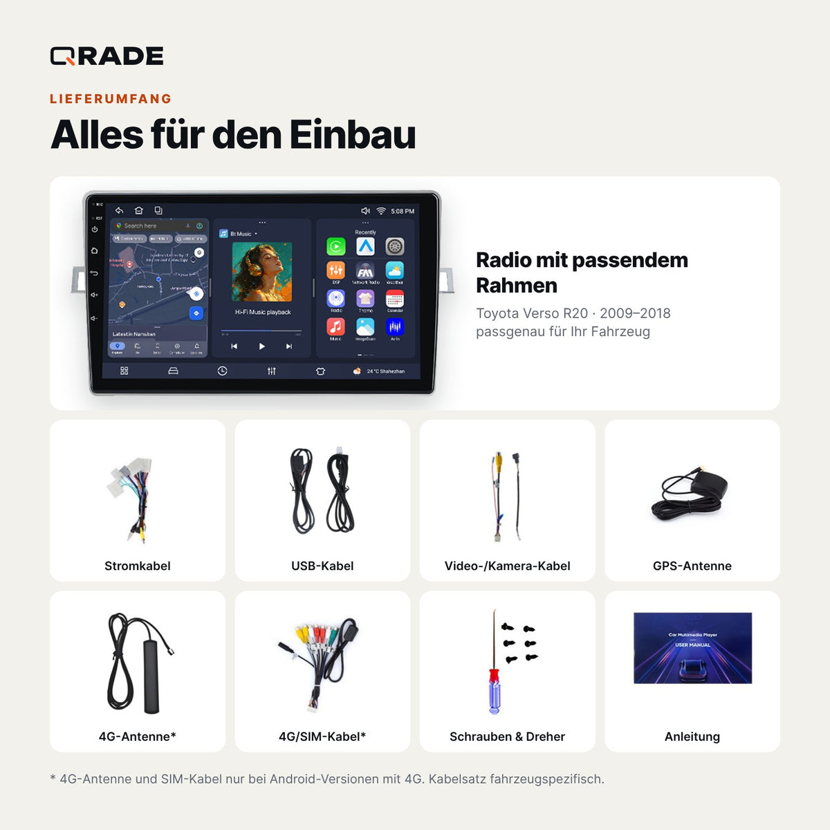 Lieferumfang: Toyota Verso R20 (2009–2018) – Qrade Autoradio mit Rahmen und Kabelsatz