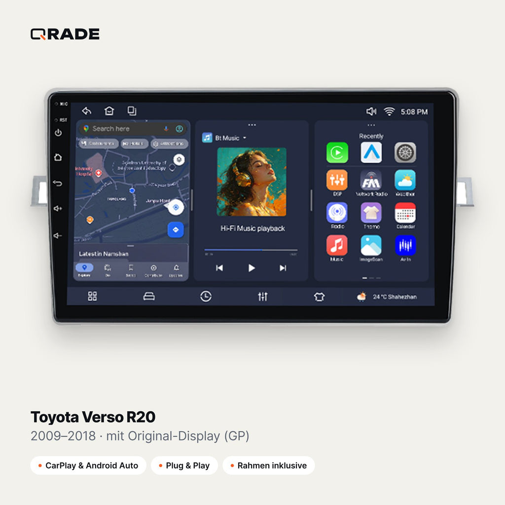 Qrade Autoradio für Toyota Verso R20 (2009–2018), mit Original-Display (GP) mit Wireless CarPlay & Android Auto