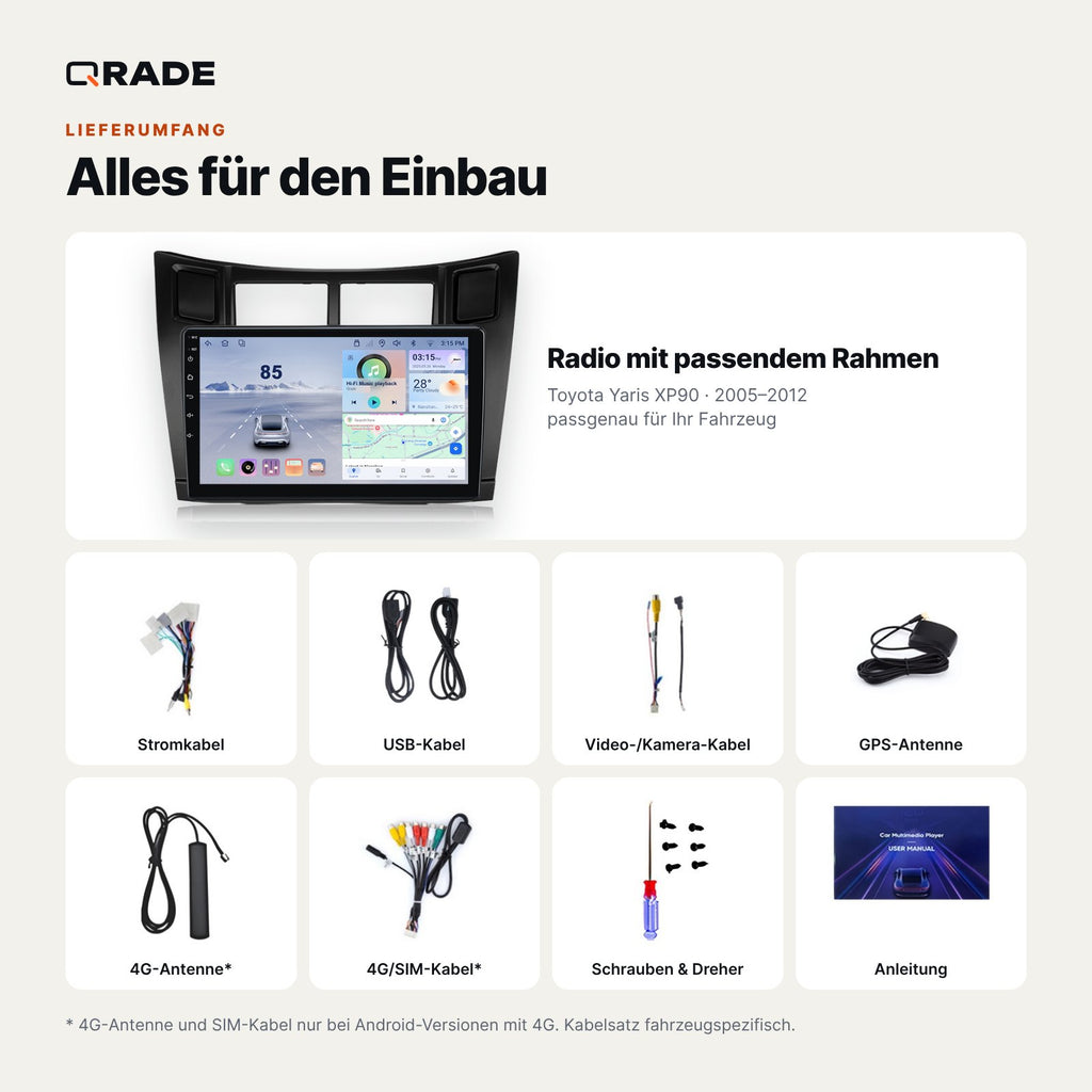 Toyota Yaris XP90 (2005–2012) – Autoradio mit Wireless CarPlay & Android Auto