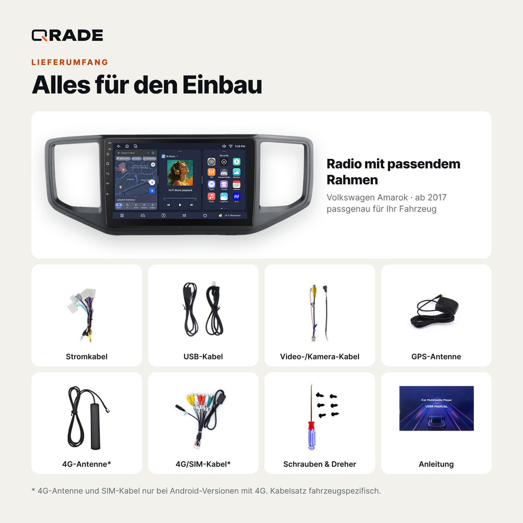Lieferumfang: Volkswagen Amarok (ab 2017) – Qrade Autoradio mit Rahmen und Kabelsatz