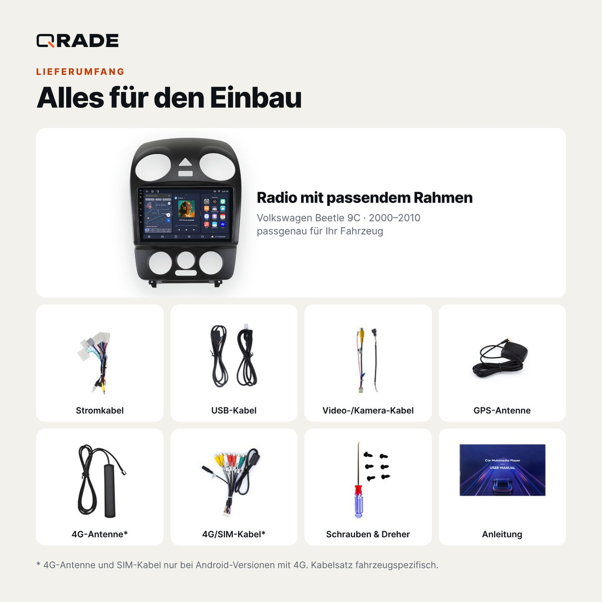 Lieferumfang: Volkswagen Beetle 9C (2000–2010) – Qrade Autoradio mit Rahmen und Kabelsatz