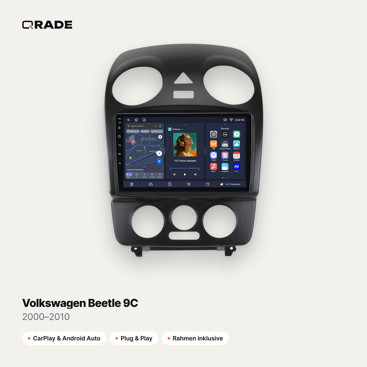 Qrade Autoradio für Volkswagen Beetle 9C (2000–2010) mit Wireless CarPlay & Android Auto