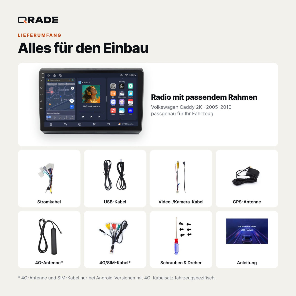 Lieferumfang: Volkswagen Caddy 2K (2005–2010) – Qrade Autoradio mit Rahmen und Kabelsatz