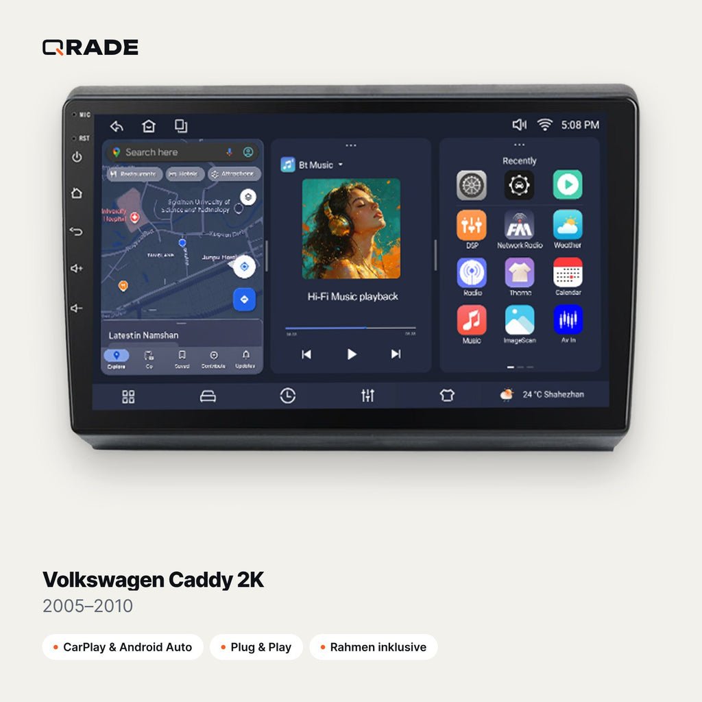 Qrade Autoradio für Volkswagen Caddy 2K (2005–2010) mit Wireless CarPlay & Android Auto