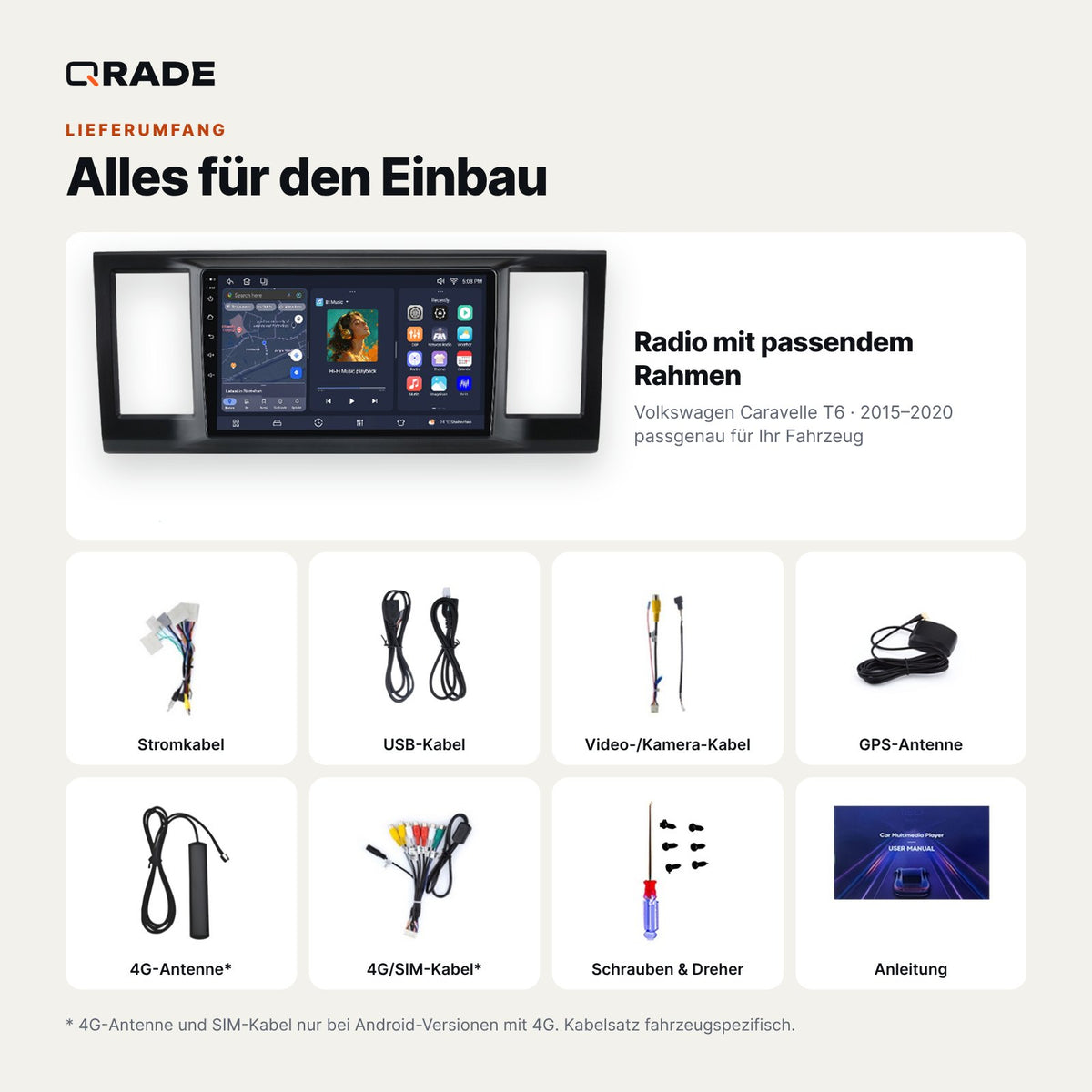 Lieferumfang: Volkswagen Caravelle T6 (2015–2020) – Qrade Autoradio mit Rahmen und Kabelsatz