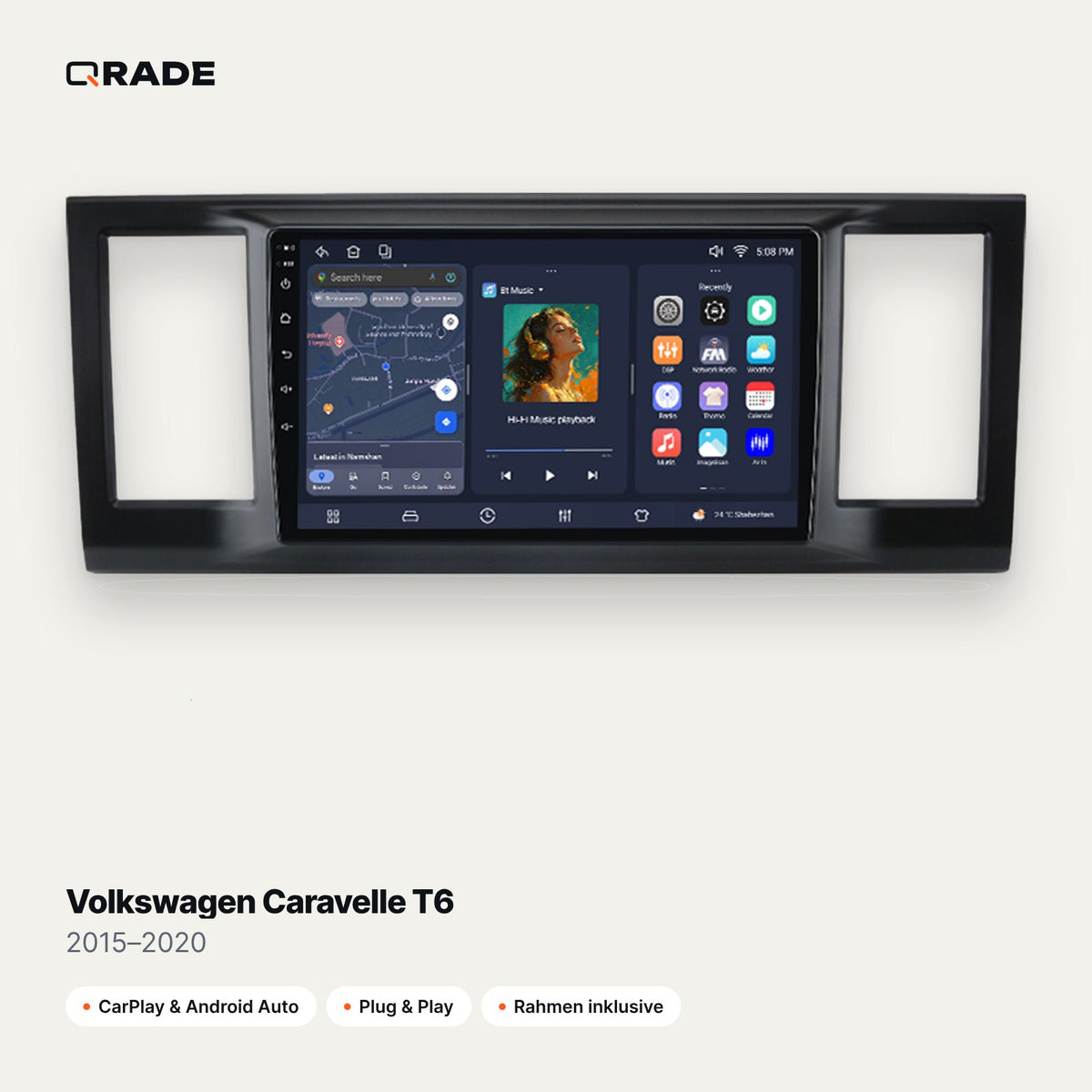 Qrade Autoradio für Volkswagen Caravelle T6 (2015–2020) mit Wireless CarPlay & Android Auto