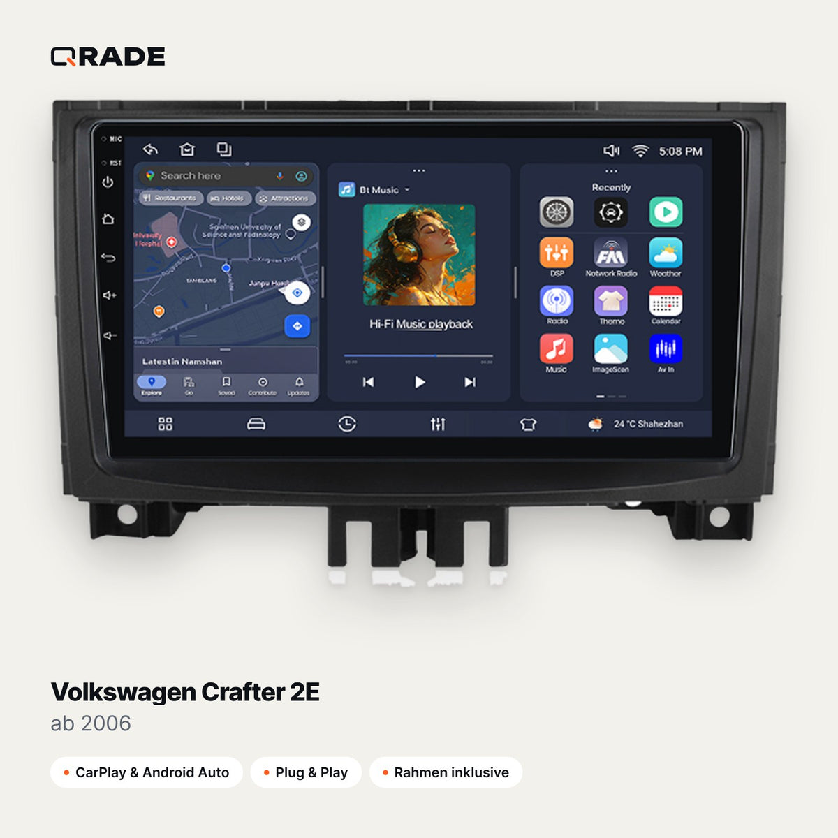 Qrade Autoradio für Volkswagen Crafter 2E (ab 2006) mit Wireless CarPlay & Android Auto