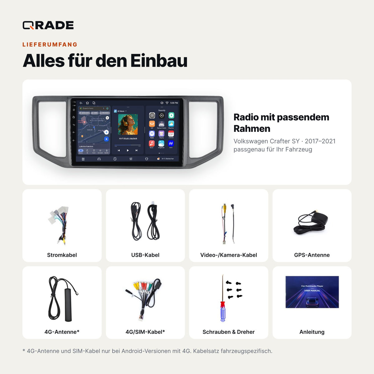 Lieferumfang: Volkswagen Crafter SY (2017–2021) – Qrade Autoradio mit Rahmen und Kabelsatz