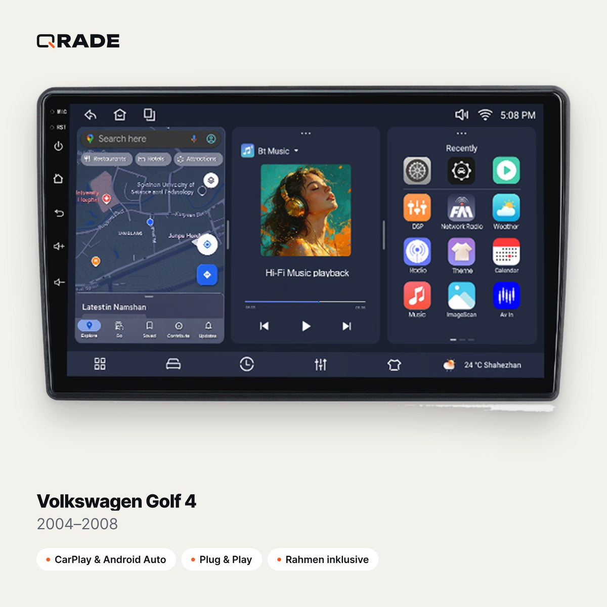 Qrade Autoradio für Volkswagen Golf 4 (2004–2008) mit Wireless CarPlay & Android Auto