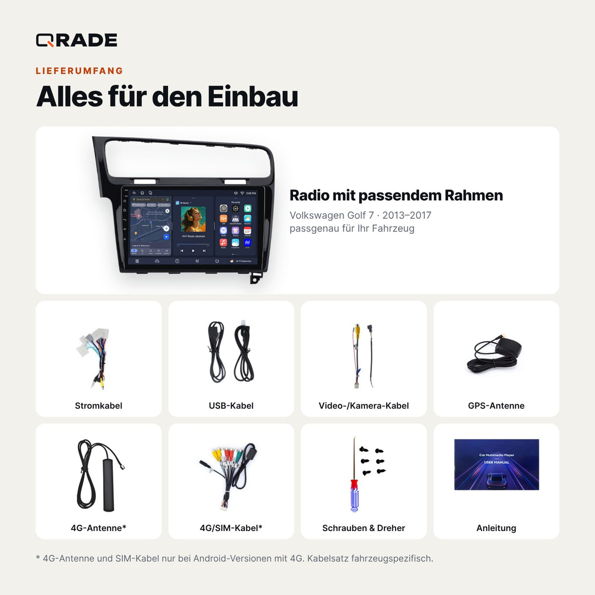 Lieferumfang: Volkswagen Golf 7 (2013–2017) – Qrade Autoradio mit Rahmen und Kabelsatz