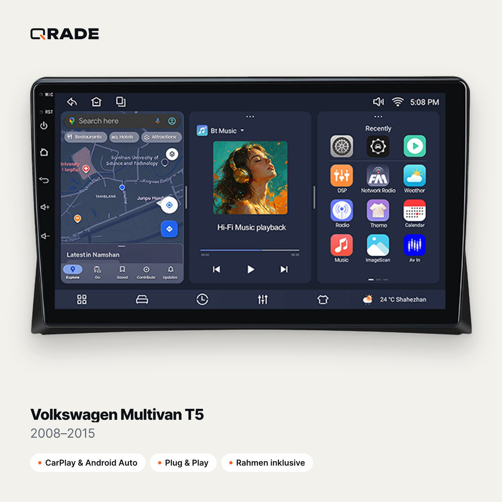 Qrade Autoradio für Volkswagen Multivan T5 (2008–2015) mit Wireless CarPlay & Android Auto