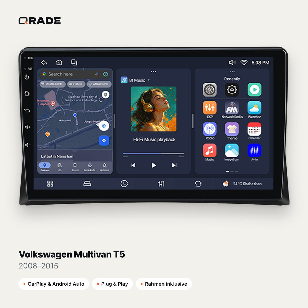 Qrade Autoradio für Volkswagen Multivan T5 (2008–2015) mit Wireless CarPlay & Android Auto