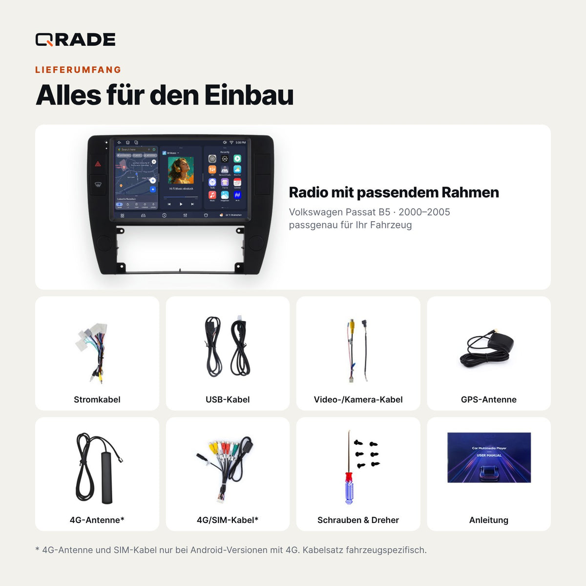 Lieferumfang: Volkswagen Passat B5 (2000–2005) – Qrade Autoradio mit Rahmen und Kabelsatz