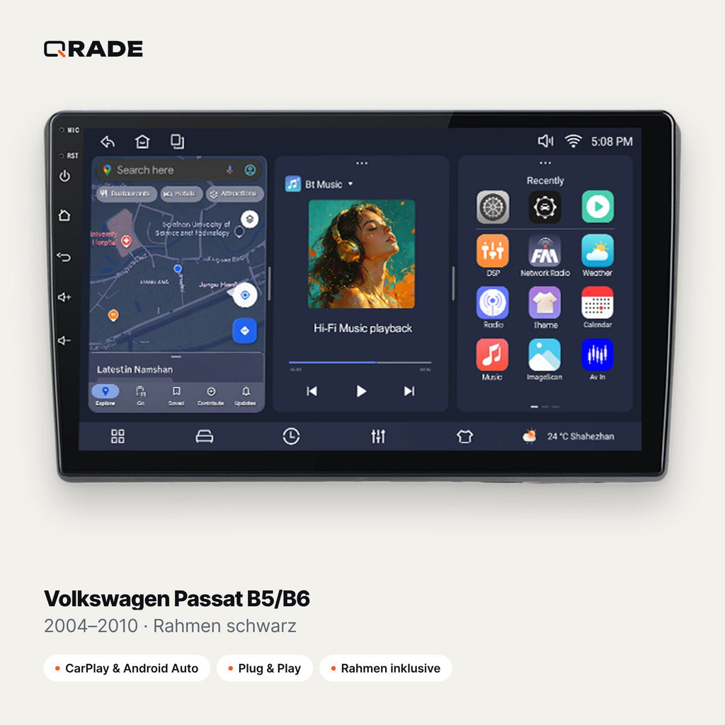 Qrade Autoradio für Volkswagen Passat B5/B6 (2004–2010), Rahmen schwarz mit Wireless CarPlay & Android Auto
