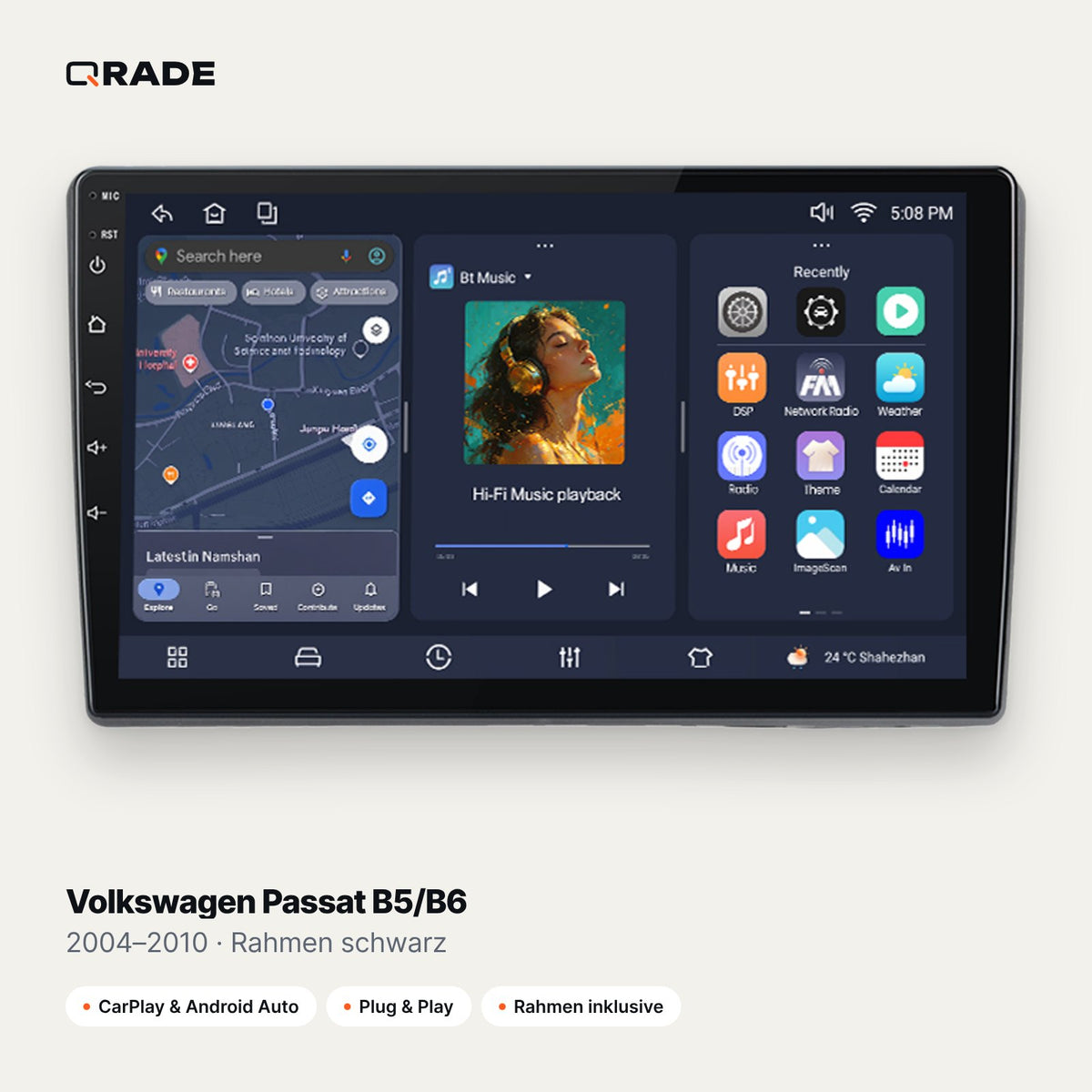 Qrade Autoradio für Volkswagen Passat B5/B6 (2004–2010), Rahmen schwarz mit Wireless CarPlay & Android Auto