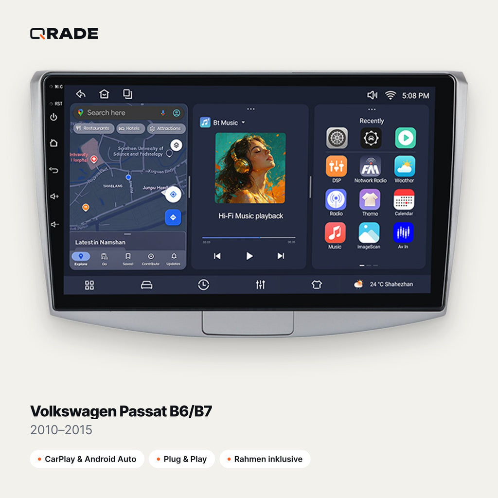 Qrade Autoradio für Volkswagen Passat B6/B7 (2010–2015) mit Wireless CarPlay & Android Auto