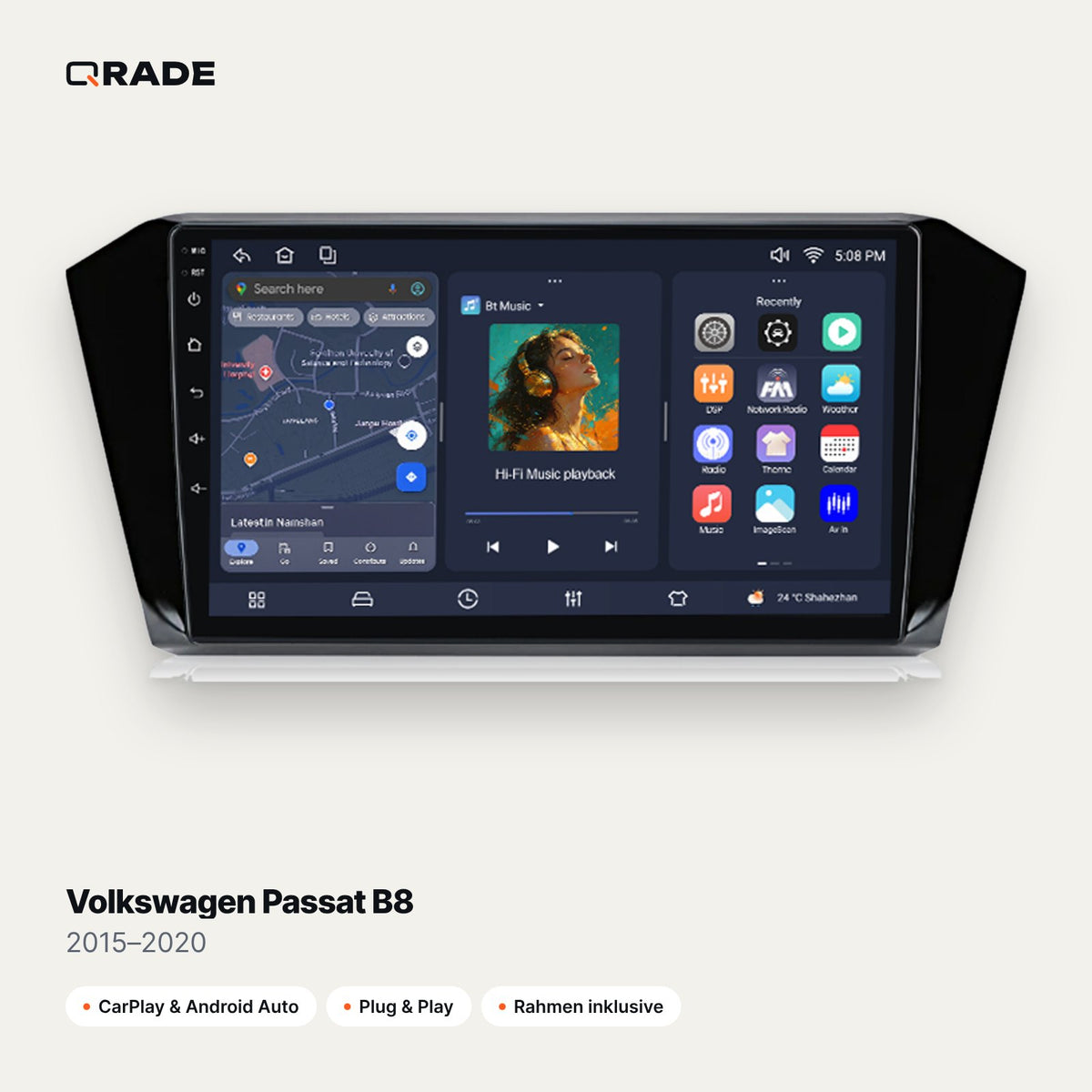 Qrade Autoradio für Volkswagen Passat B8 (2015–2020) mit Wireless CarPlay & Android Auto