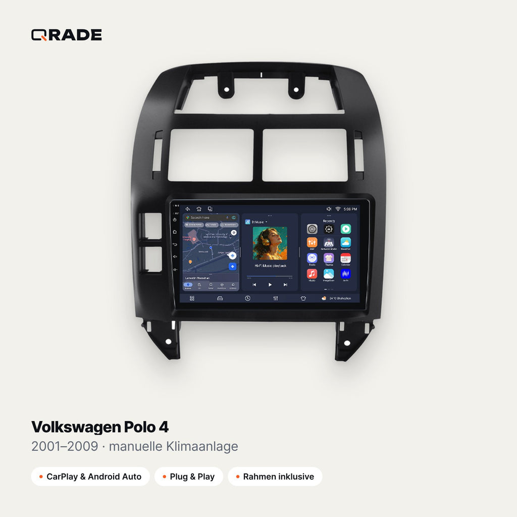 Qrade Autoradio für Volkswagen Polo 4 (2001–2009), manuelle Klimaanlage mit Wireless CarPlay & Android Auto