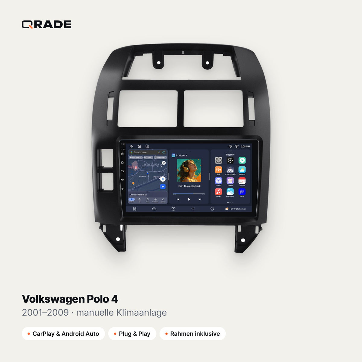 Qrade Autoradio für Volkswagen Polo 4 (2001–2009), manuelle Klimaanlage mit Wireless CarPlay & Android Auto