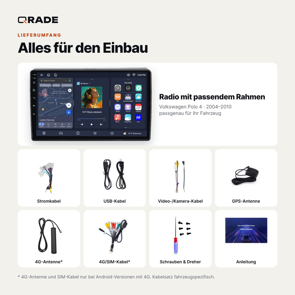 Lieferumfang: Volkswagen Polo 4 (2004–2010) – Qrade Autoradio mit Rahmen und Kabelsatz