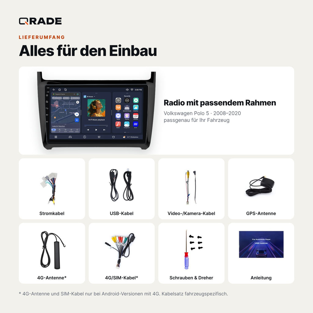 Lieferumfang: Volkswagen Polo 5 (2008–2020) – Qrade Autoradio mit Rahmen und Kabelsatz