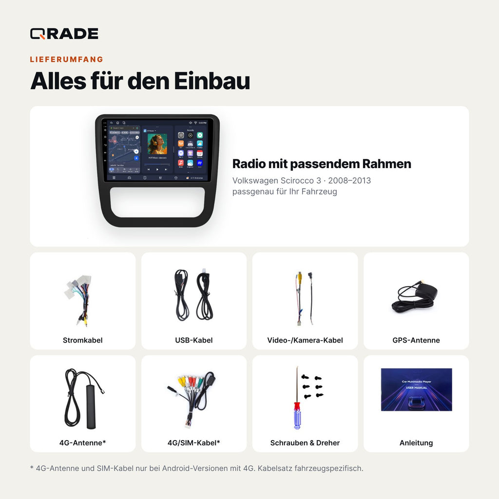 Lieferumfang: Volkswagen Scirocco 3 (2008–2013) – Qrade Autoradio mit Rahmen und Kabelsatz