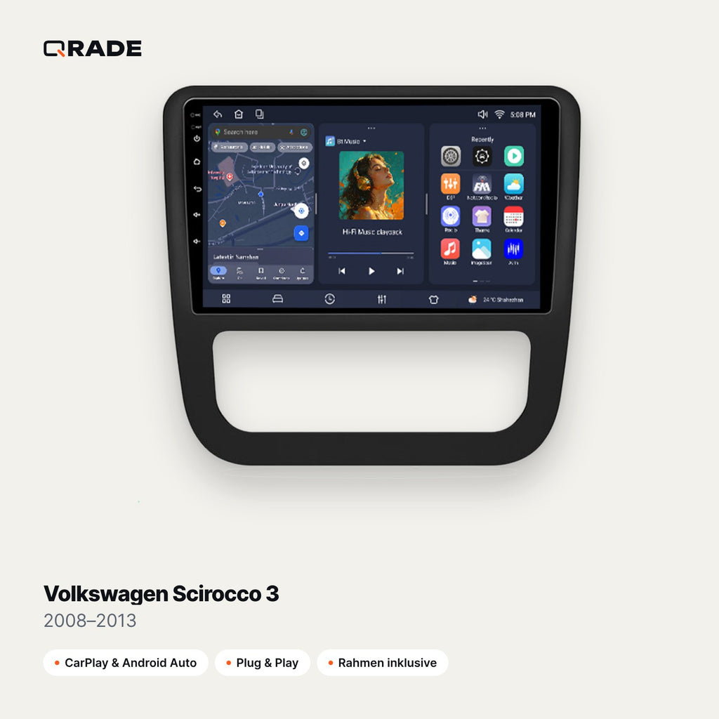 Qrade Autoradio für Volkswagen Scirocco 3 (2008–2013) mit Wireless CarPlay & Android Auto