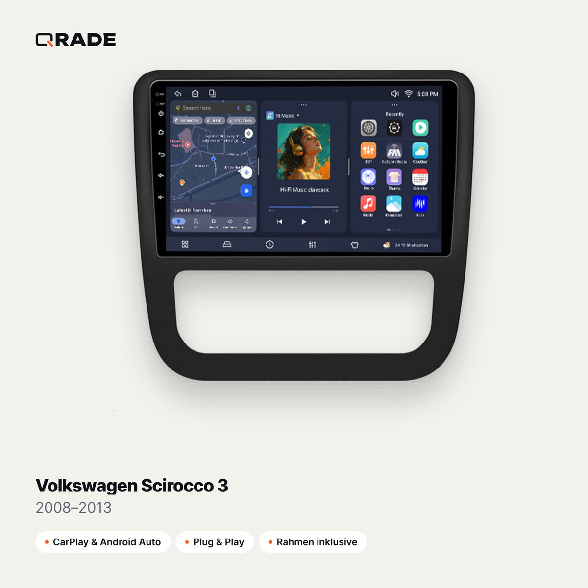 Qrade Autoradio für Volkswagen Scirocco 3 (2008–2013) mit Wireless CarPlay & Android Auto