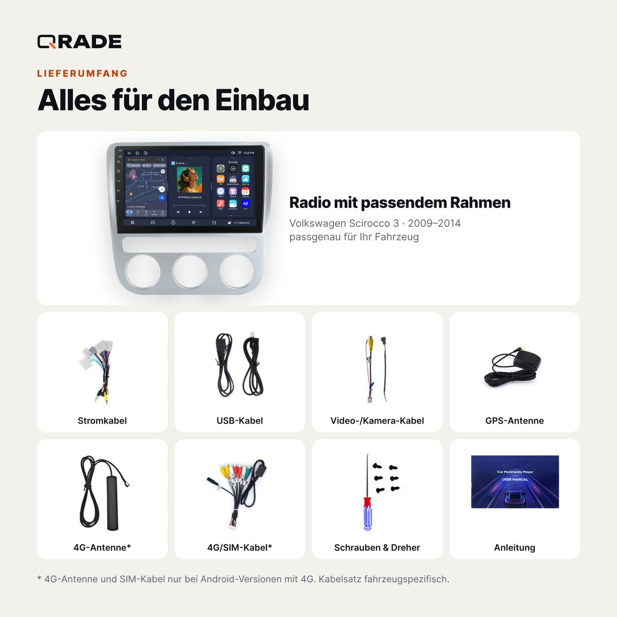 Lieferumfang: Volkswagen Scirocco 3 (2009–2014) – Qrade Autoradio mit Rahmen und Kabelsatz