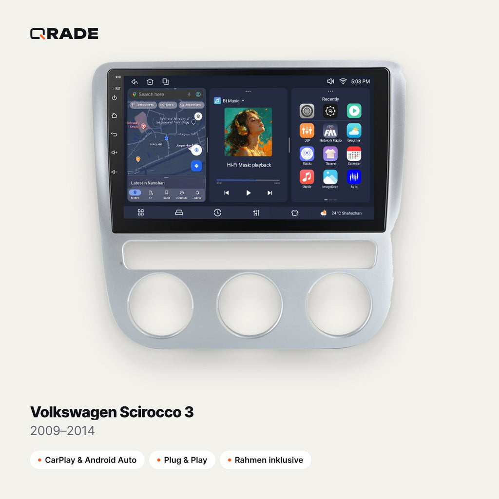 Qrade Autoradio für Volkswagen Scirocco 3 (2009–2014) mit Wireless CarPlay & Android Auto