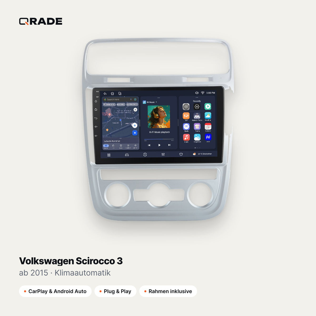 Qrade Autoradio für Volkswagen Scirocco 3 (ab 2015), Klimaautomatik mit Wireless CarPlay & Android Auto