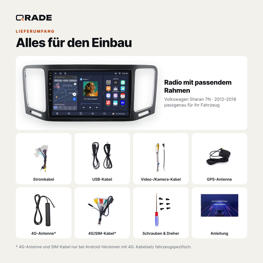 Lieferumfang: Volkswagen Sharan 7N (2012–2018) – Qrade Autoradio mit Rahmen und Kabelsatz