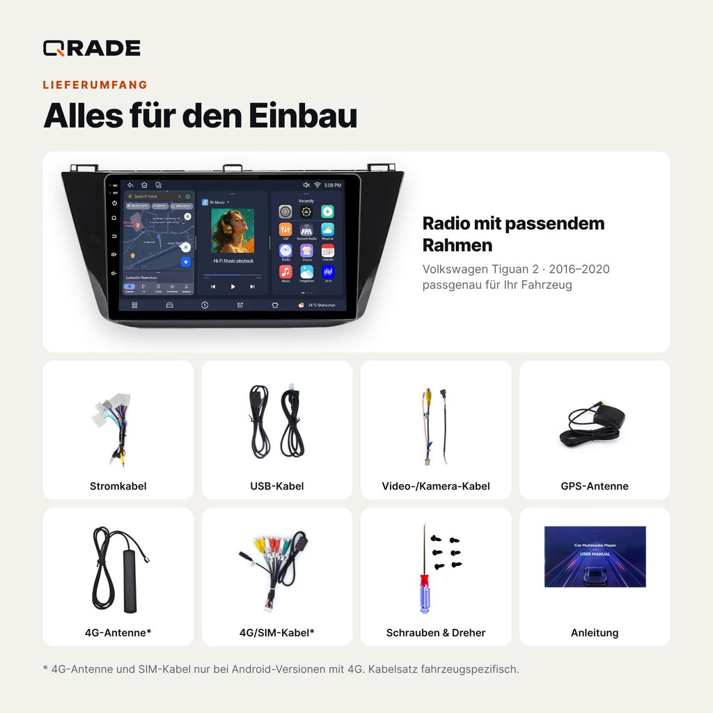 Lieferumfang: Volkswagen Tiguan 2 (2016–2020) – Qrade Autoradio mit Rahmen und Kabelsatz